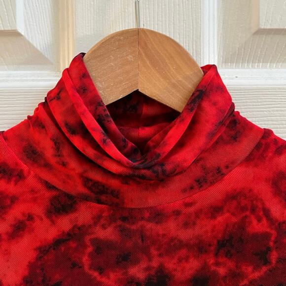 INC Red Black Tie Dye Turtleneck Lined Mesh Blouse Small Goth Vampire Romance - Picture 3 of 10